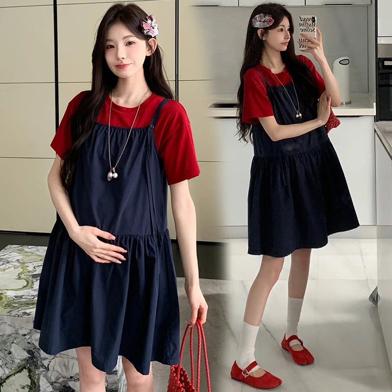 여름 임부복 세트 2025 신상 한국 스타일 레트로 반팔 티셔츠 미디 스트랩 원피스 투피스 세트 면 소재