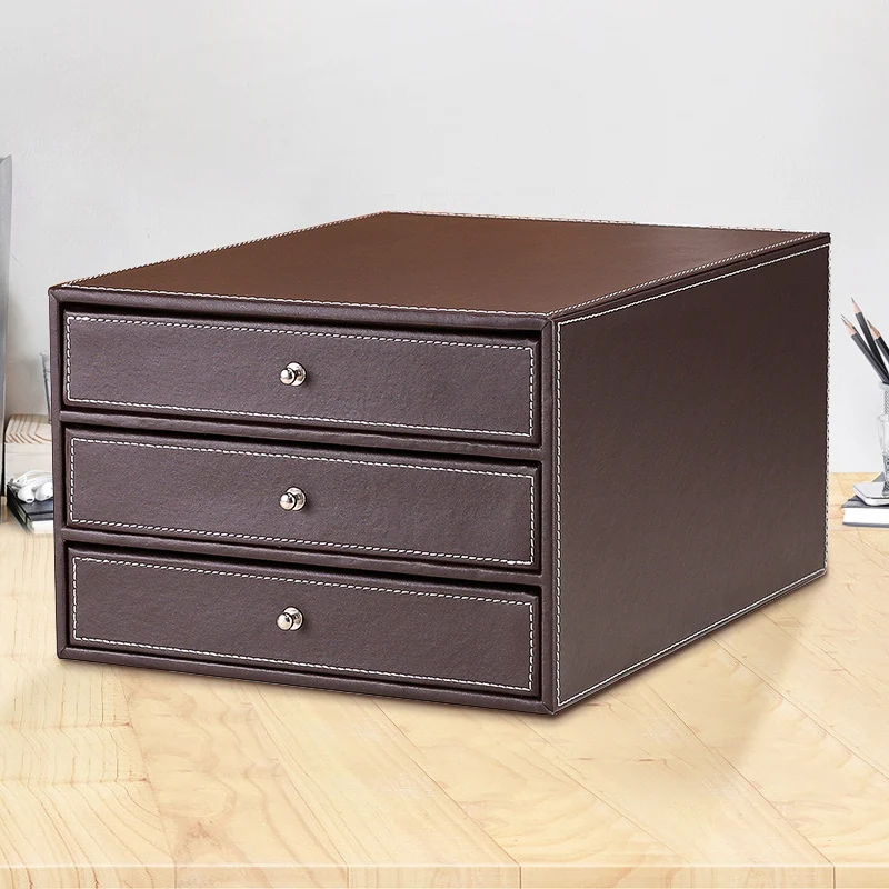 3-layer 3-drawer wood leather desk set filing cabinet storage box drawer office organizer document container holder brown 213B