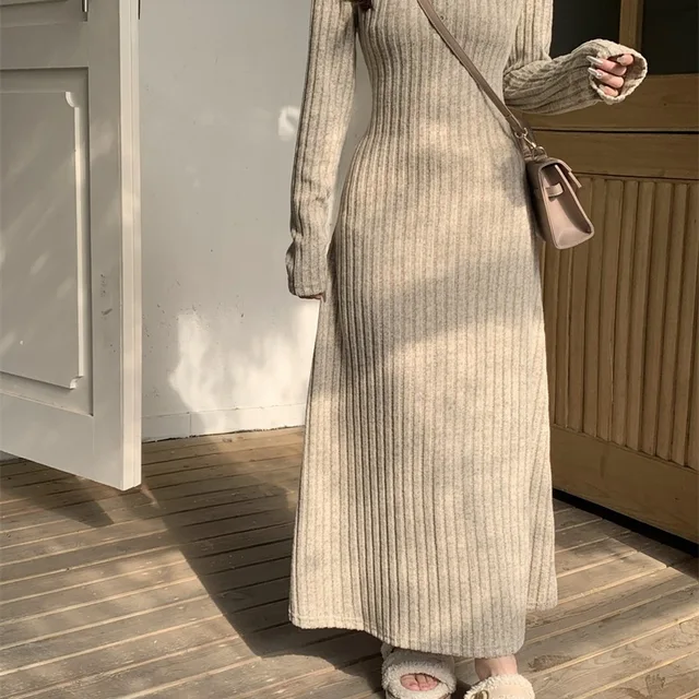 Robe en tricot à manches longues de style français, vintage, cintrée à la taille, coupe ajustée, col semi-ouvert, nouvelle arrivée printemps-automne pour femmes 1