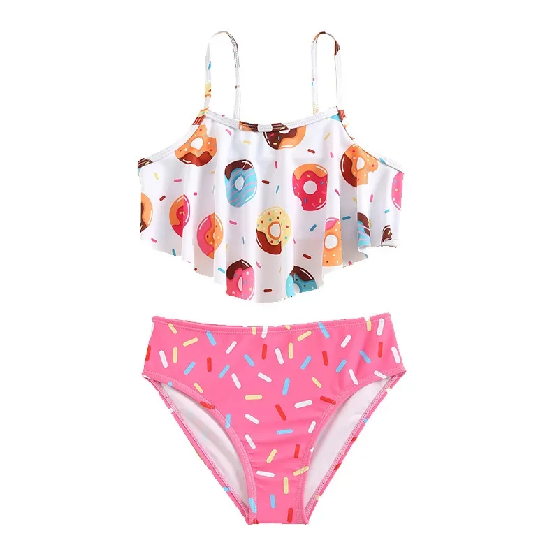 2024 Children Girls Two Piece Sets  Donut Printing Girl Swimsuit Summer Beach Sports Party Split  Swimwear New Teenager Swims
