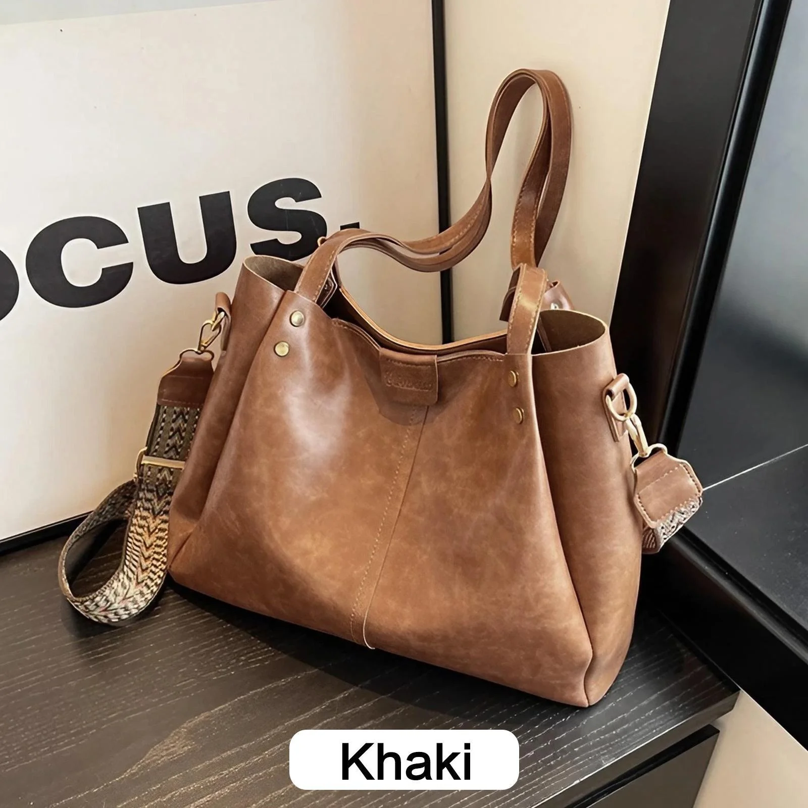 Large capacity PU leather shoulder bag with multi compartments, lightweight, waterproof, and stylish for everyday use. khaki
