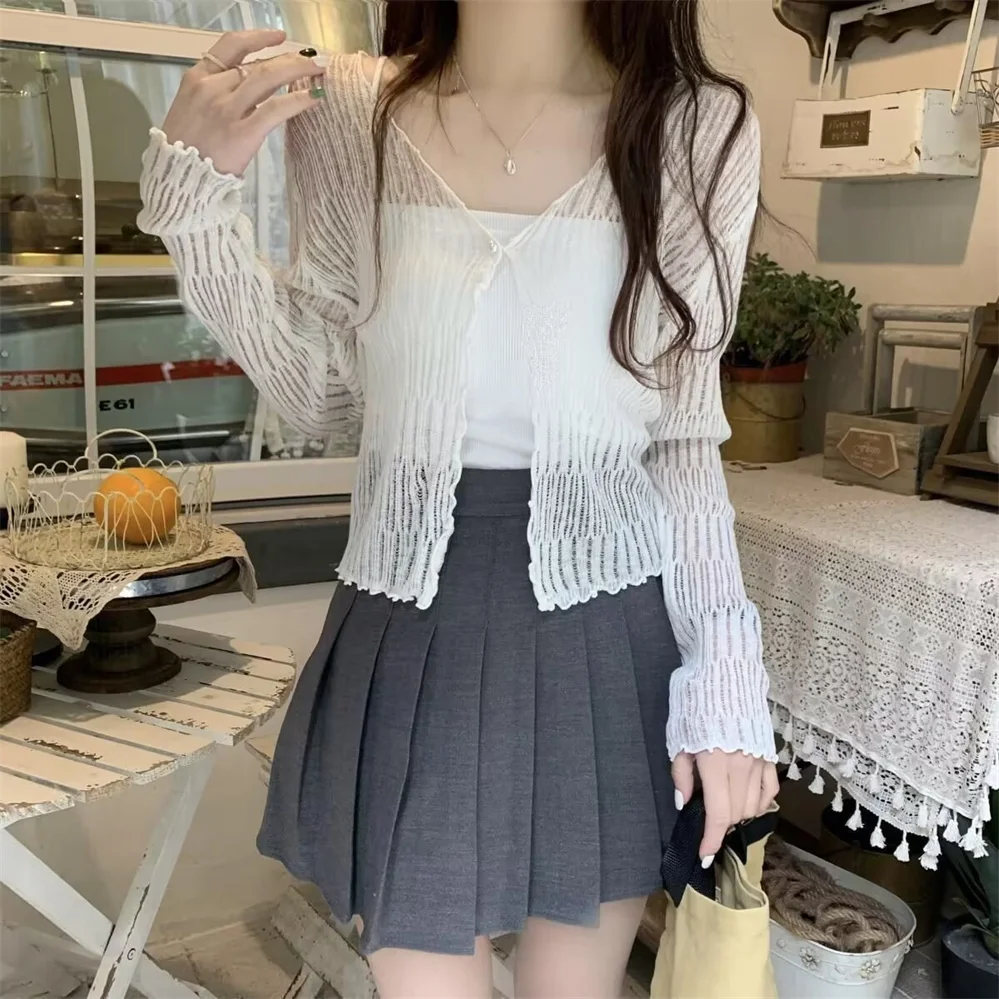 얇은 할로우 아웃 긴팔 셔츠 숄, 짧은 상의, 한국 에어컨 셔츠, 자외선 차단 가디건, 여성 패션, 여름
