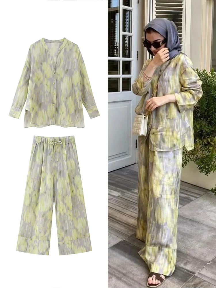 ZABA Women's Tie-Dye Printed Set Lapel Shirt Asymmetric Button Long Sleeve Shirt and Casual High-Waisted Loose Wide-Leg Trousers