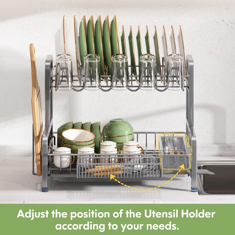 2 Tier Dish Drying Rack, Dish Racks for Kitchen Counter, Stainless Steel Dish Drainers with Cutlery Holder and Cup Rack 6