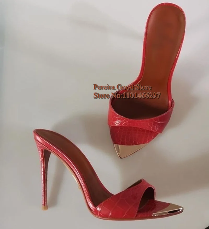 Sexy Metal Plate Pointed Toe Mules Shoes Blue Denim Slip On Summer