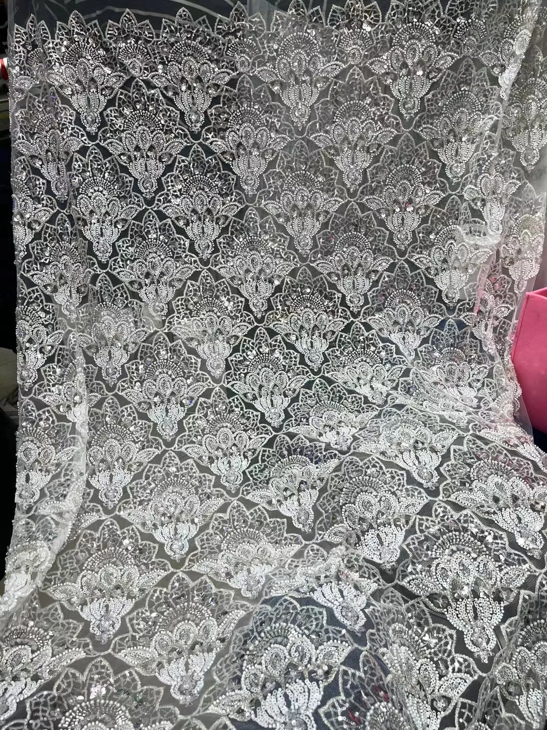 

(5yards/pc) Amazing heavy sequins pearls tube beads embroidered African wedding tulle lace high quality white French lace FXZ261