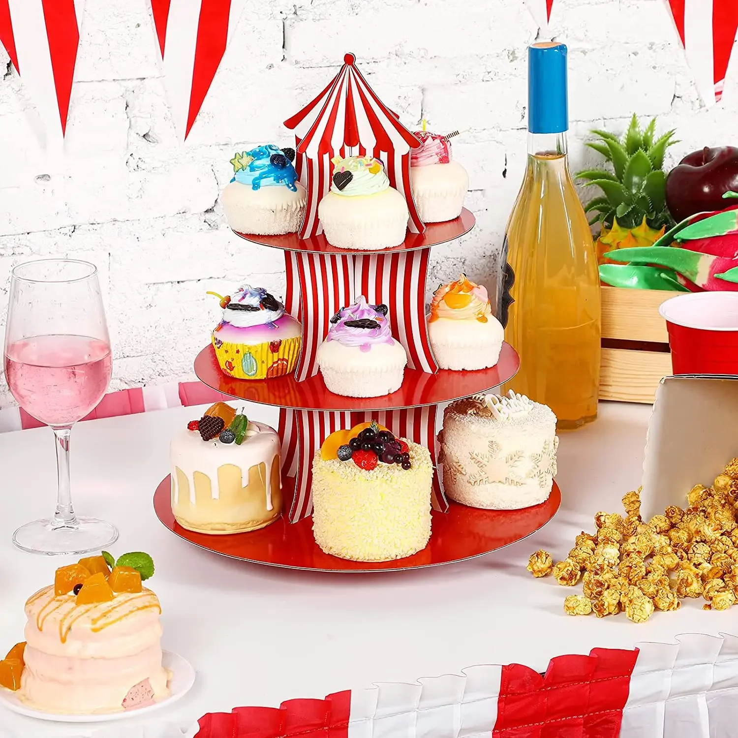 1Set 3 Tier Circus Carnival Paper Cupcake Stand Red Striped Cake Decorating Supplies Children\'s Day Dessert Cupcake Stand