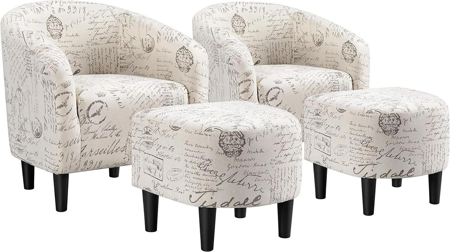 Accent Chair with Foot Rest Mid Century Modern Upholstered Soft Barrel Chair Comfy Fabric Armchair and Footrest Set