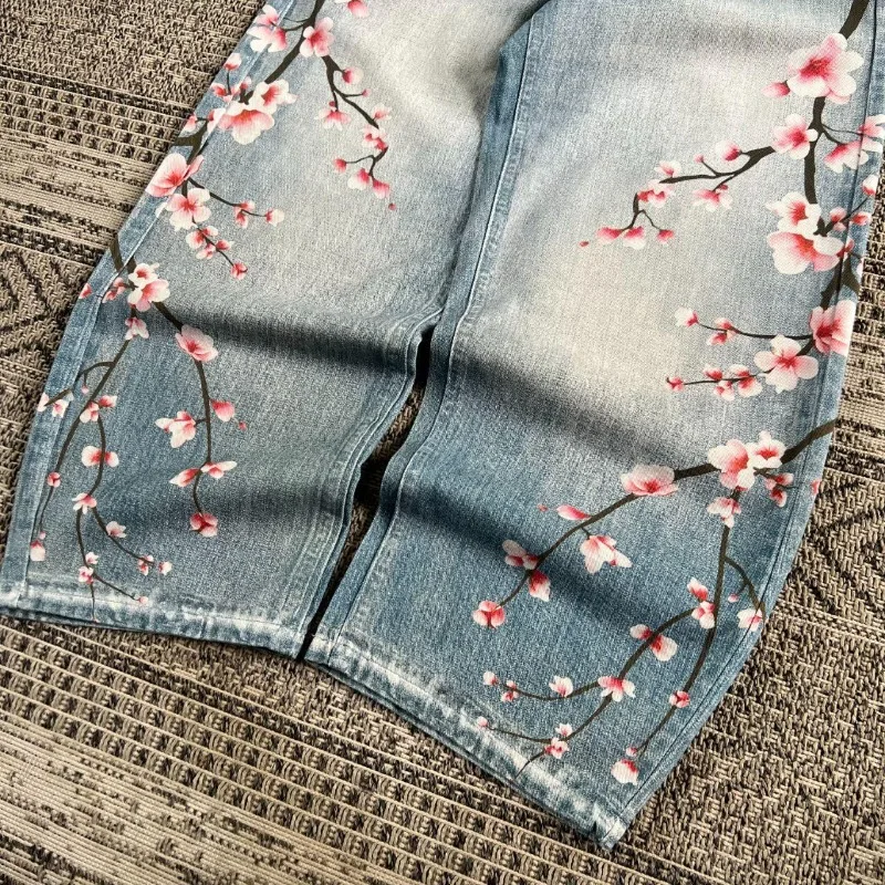 Y2K Fashion Washed Old Geometric Cherry Blossom Oversized Printed Baggy Jean Female Harajuku Popular Casual Joker Wide-leg Pants 2