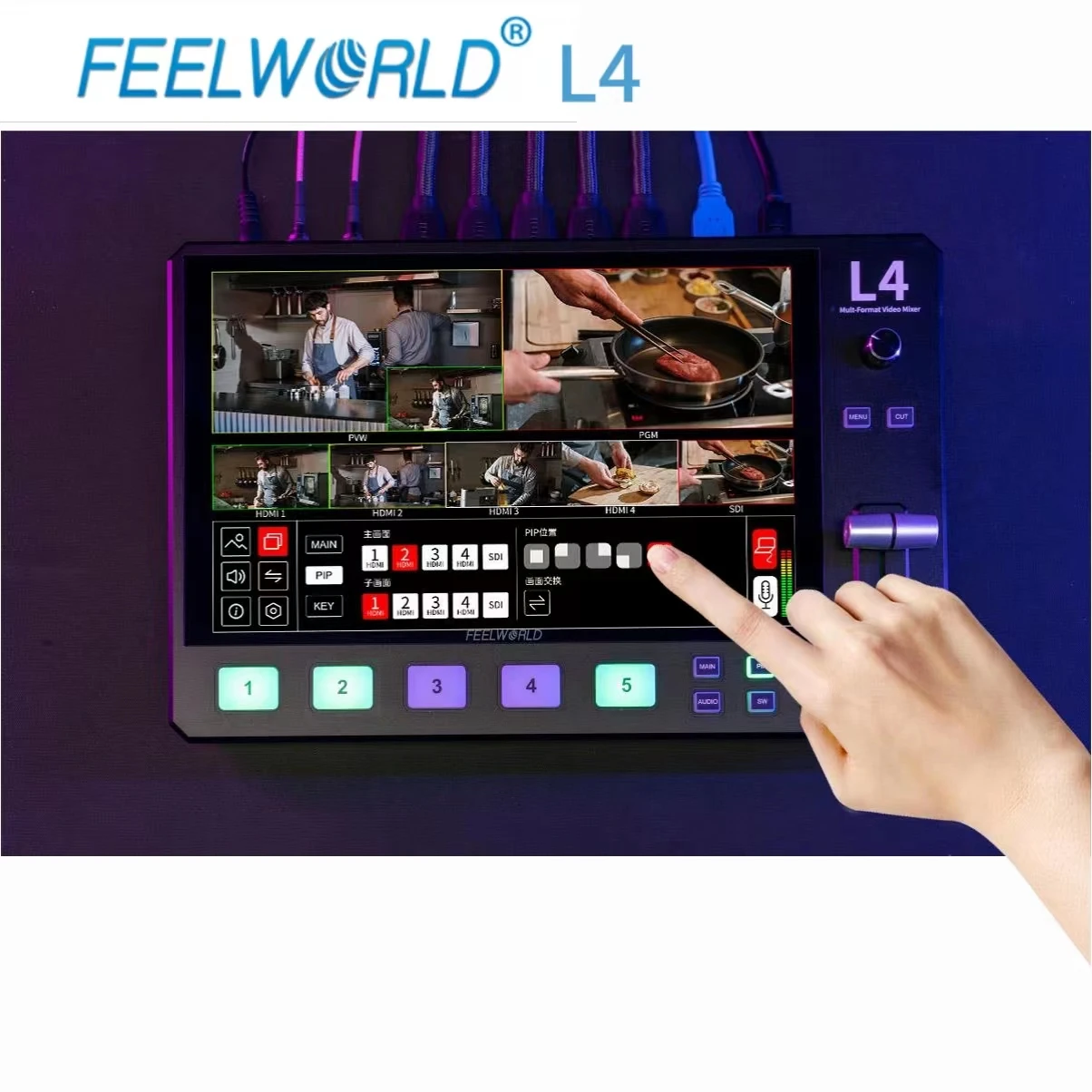 FEELWORLD 멀티 포지션 비디오 스위터, 10.1 인치 터치 스크린, USB3.0 라이브 스트리밍, SDI HDMI 호환, L4