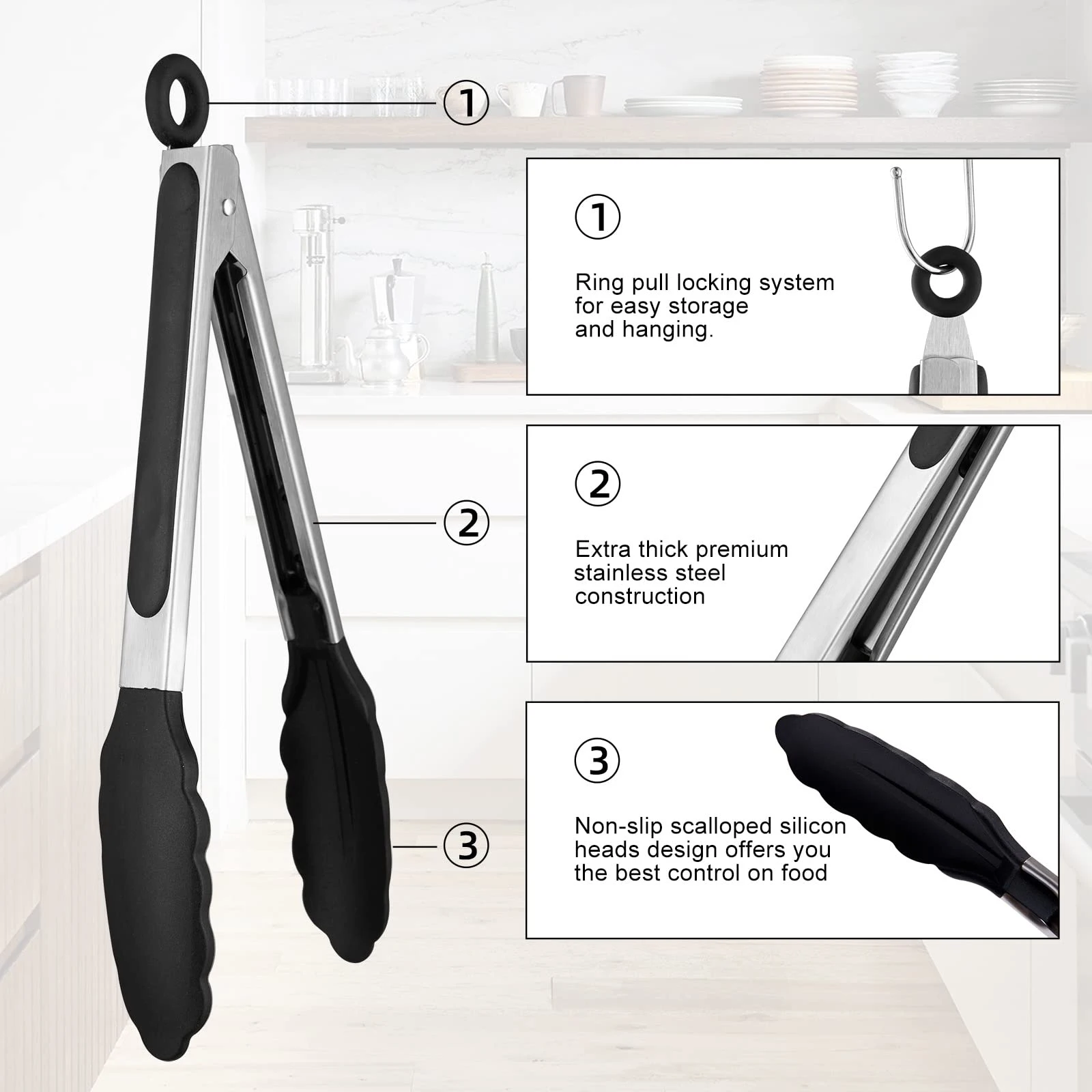 2 pcs Kitchen Silicone Non-Slip Tongs Cooking 9In 12In Kitchen Tools Pasta BBQ Table Tongs Silicone Accessories