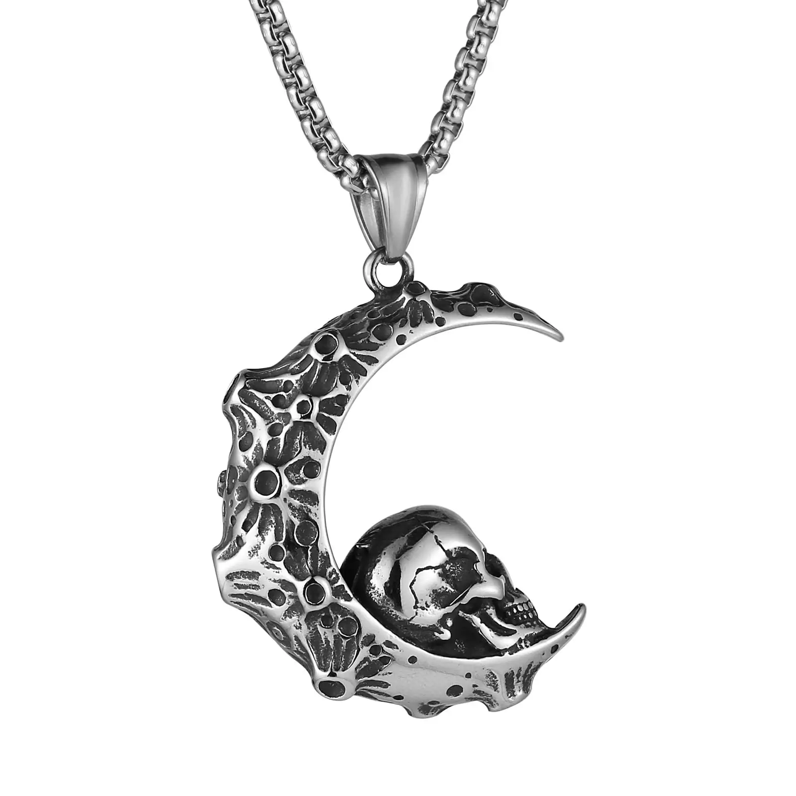 

HZMAN Crescent Moon Skull Necklace Stainless Steel Gothic Retro Punk Biker Pendant with Chain Fashion Jewelry Gift for Men Boys