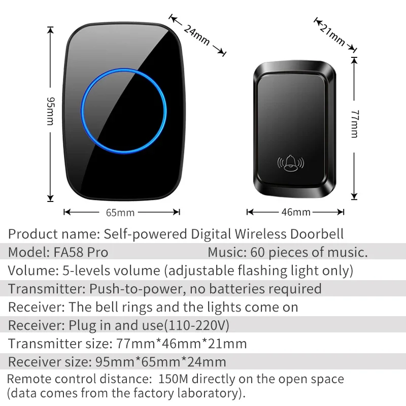 CACAZI Intelligent Self-powered Wireless Doorbell Battery Free 60 Songs EU UK UK AU Plug Waterproof Chime Home Welcome Door Bell