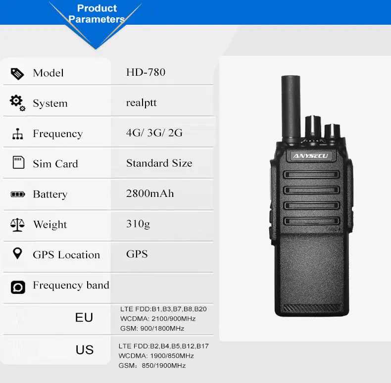 ANYSECU HD-780 4G IP66 Public Network Linux POC Interphone 2800 mAh Work with Realptt Platform with GPS Function 3