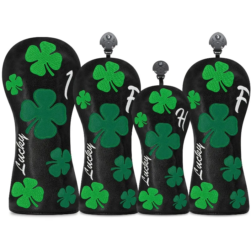Lucky Charm Golf Putter Head Cover – Deep Black with Green and White Clovers Design