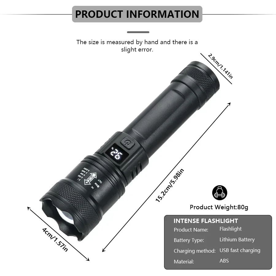 Super Bright Led Flashlight 2000LM Tactical Torch with Power Display USB Rechargeable Camping Fishing Emergency Zoom Lantern