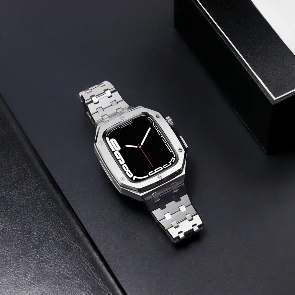 Luxury Modification Kit for Apple Watch Band 45mm 44mm Mod Kit Metal Stainless Steel Case Strap for IWatch Series 9 8 7 6 5 4