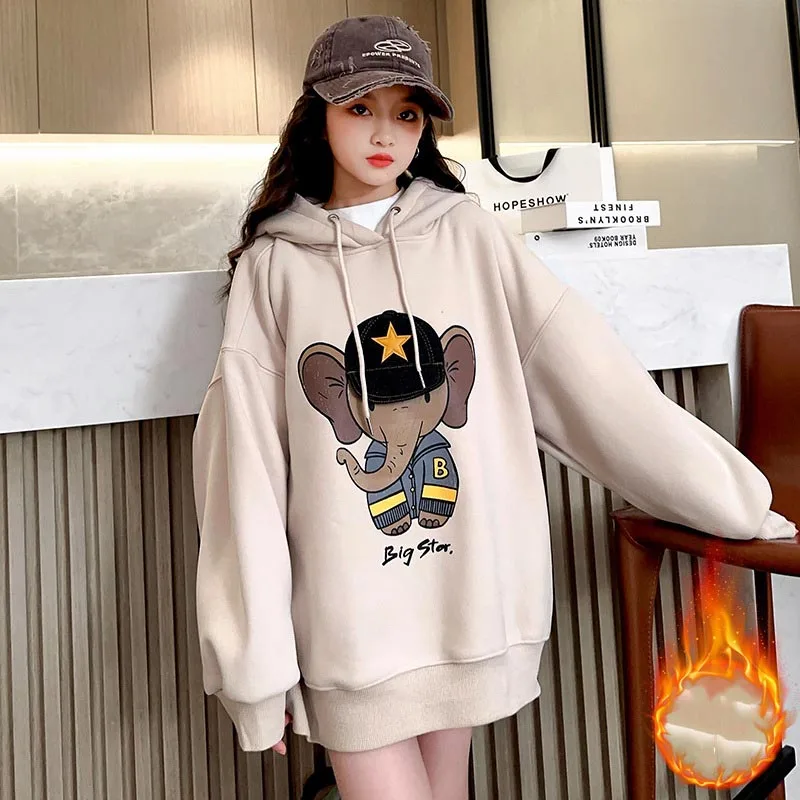 

Korean Autumn Winter Junior Girl Thicken Sweatshirts Teenager Girl Cartoon Elephant Long Sleeve Sport Shirts School Girl Tops