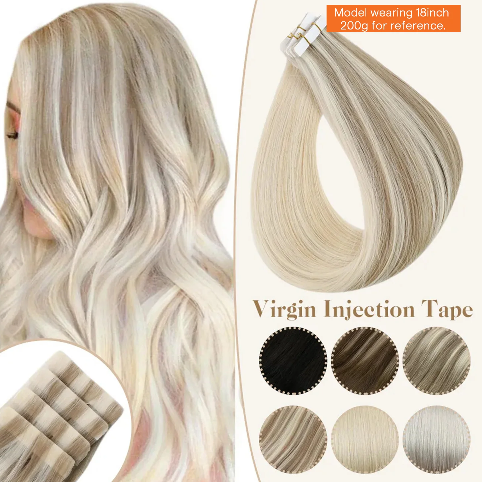 Human Hair Extensions, Full Shine Injection Virgin, Blonde Color, PU Skin Weft Tape In Invisible Seamless, 5Pcs for Testing