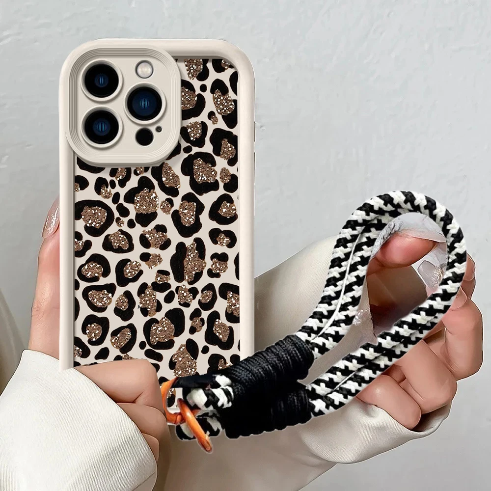 Brown Leopard Print Silicone Wrist Lanyard Phone Case