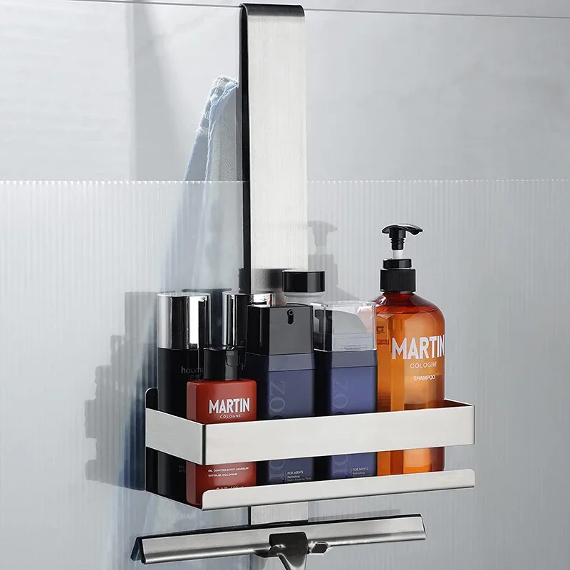 No-Drill Bathroom Shelves with Hook Glass Door Storage Basket Shower Support Steel Shelf Shelves Storage Unit For Bathroom 6