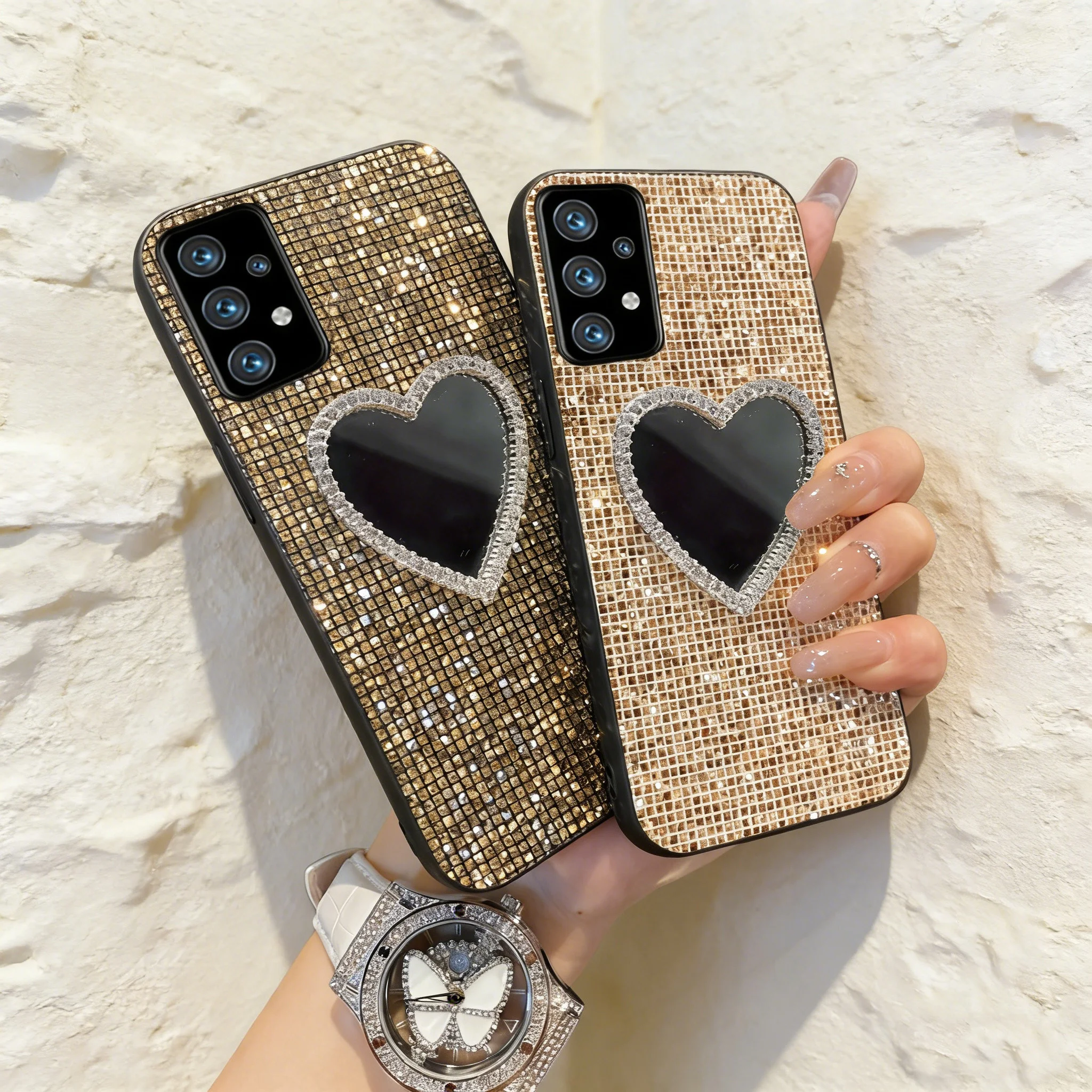 Shiny Gold Grid Pattern Phone Case with Glitter Mirror Shell