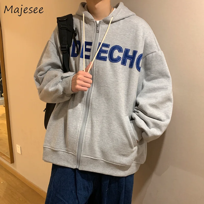 

With Hat Hoodies Men M-5XL Spring Korean Style Loose Fashion All-match Hooded Zip-up Letter Clothing Simple Daily Male Workout