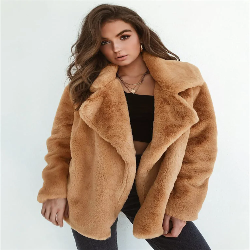 

S-4XL Women Faux Rabbit Fur Ladies Thick Winter Warm Open Stitch Slim Plush Jacket Turn-Down Neck Long Sleeves Cardigan Overcoat