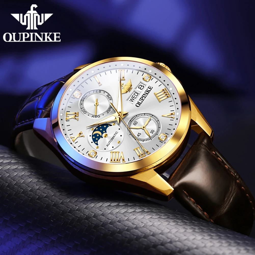OUPINKE 3300 Automatic Man's Watch Moon Phase Auto Date Mechanical Watch For Men Roman Scale Luxury Waterproof Men Wristwatch