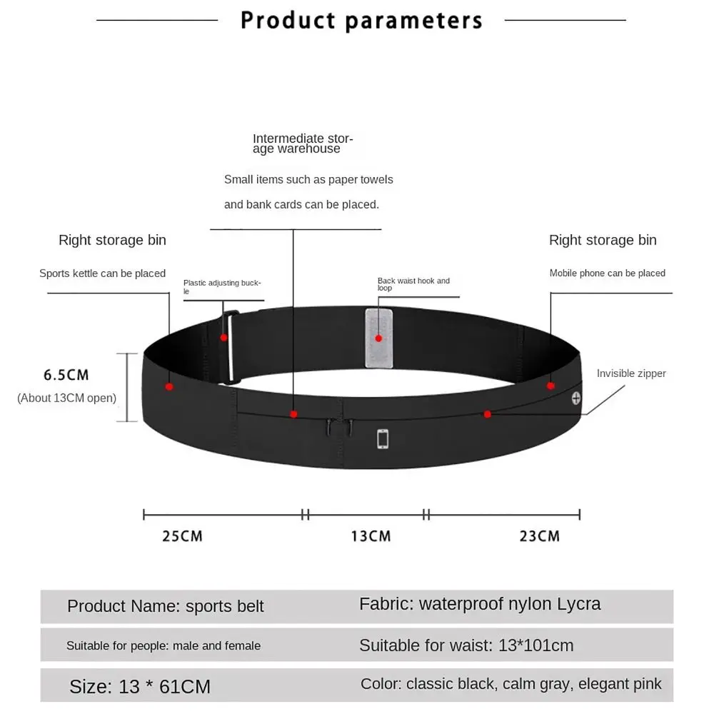 with 3 Pocket and Water Bottle Holder Slim Running Belt Invisible Zipper Polyamide Waist Belt Pack Pink Black