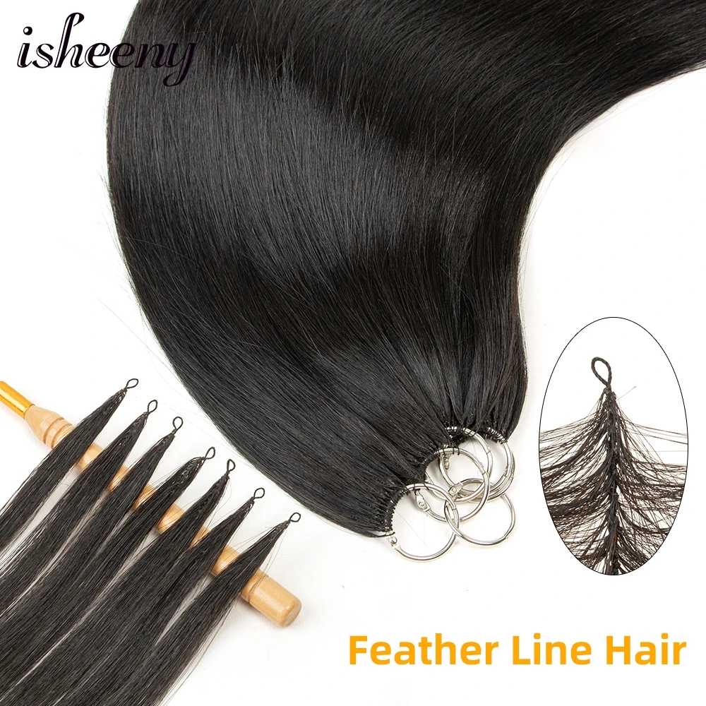 Isheeny Feather Line Human Hair Extensions 16"-24" Micro Loop Hair 40 strands Elastic Thread Knotted Seamless Hand Knitting