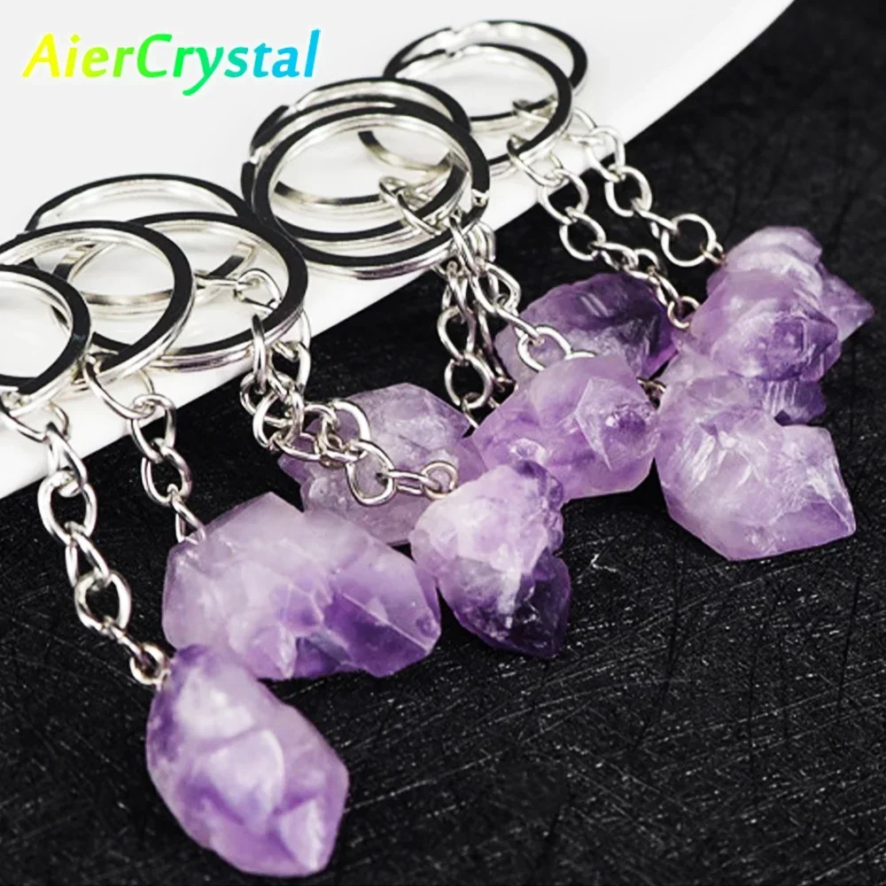 NaturalAmethystFlowerKeychainsCrystalHealingStoneKeychain