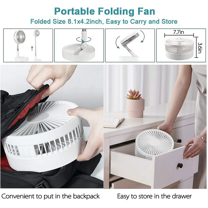 Foldable Telescopic Wireless Portable Desk Fan Usb Rechargeable Built-In Battery Oscillating Standing Air Cooling Fan 3