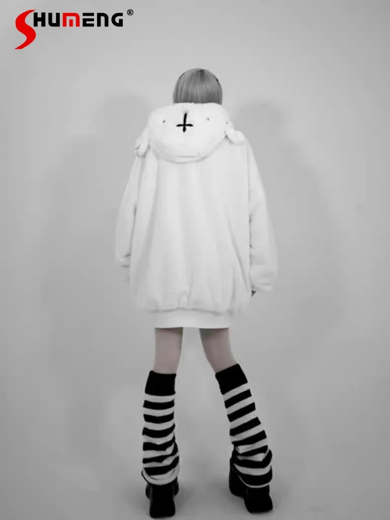 Japanese Style Punk Loose Fur Coat Autumn and Winter Harajuku Style Asian Mine Style Long Sleeve Lamb Ears Hooded Plush Coats