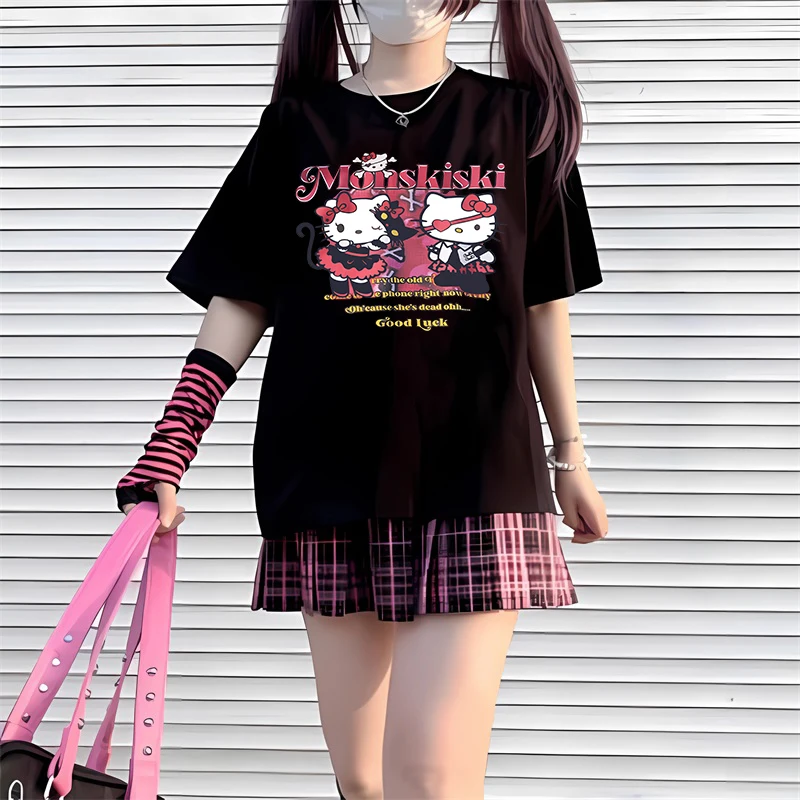 

Y2K Топы 2024, летняя женская Молодежная Футболка с коротким рукавом, японская мультяшная Милая футболка с рисунком искусственной кожи в стиле Харадзюку