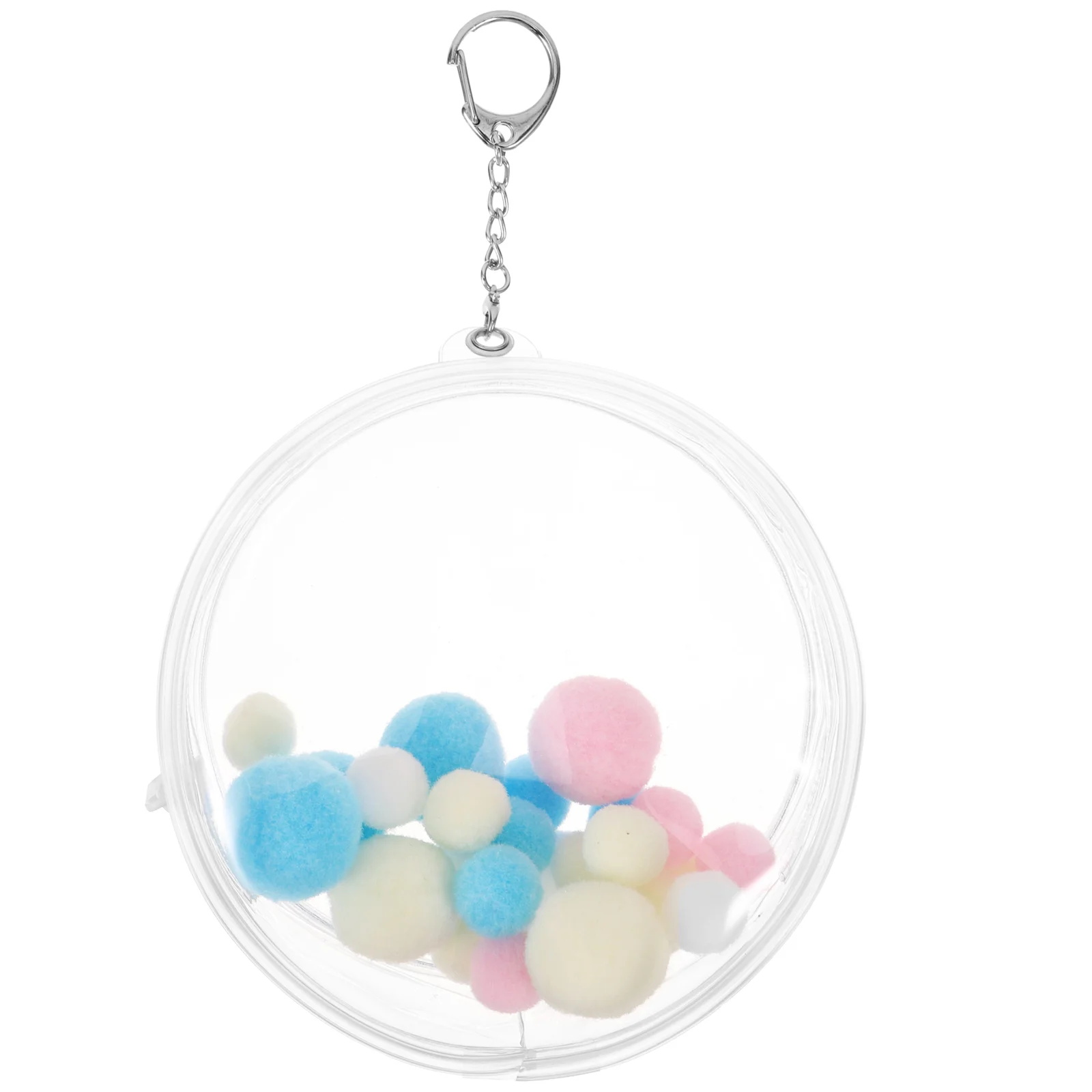 

Round Clear Bag Mini Figurine Container Transparent Pouch with Hanging Chain and Pompom Balls