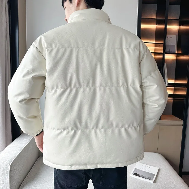 2023 New Winter Cold Resistant Cotton Coat Men's Loose Edition Stand Up Collar Warm Leather Coat