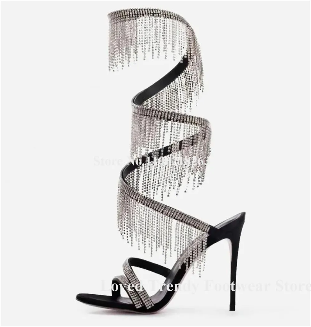 Bling Bling Rhinestones Tassels Snake Shaped Straps Thin Heel Gladiator Sandals Crystals Chains Stiletto Heel Sandals