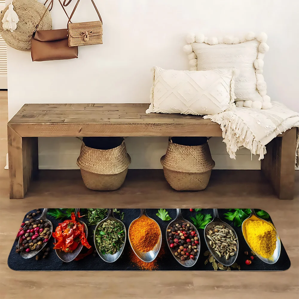 Colorful Spices and Herbs on Spoons Print Kitchen Mat, Non-Slip Washable Durable Runner Rug for Kitchen & Culinary Themed Home 3