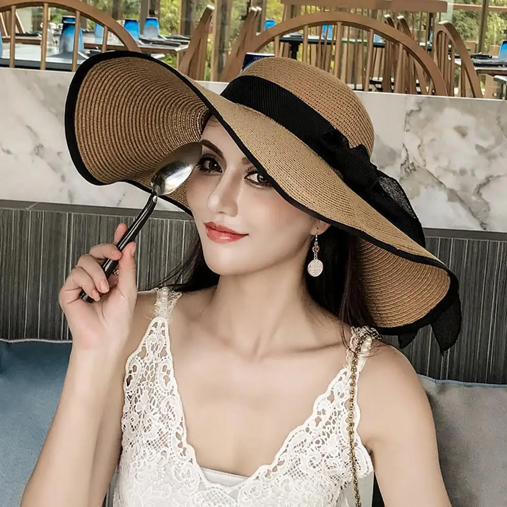 outdoor Seaside Woman Fashion Big Bow Large Brimmed Foldable Straw Sun Protection Cap