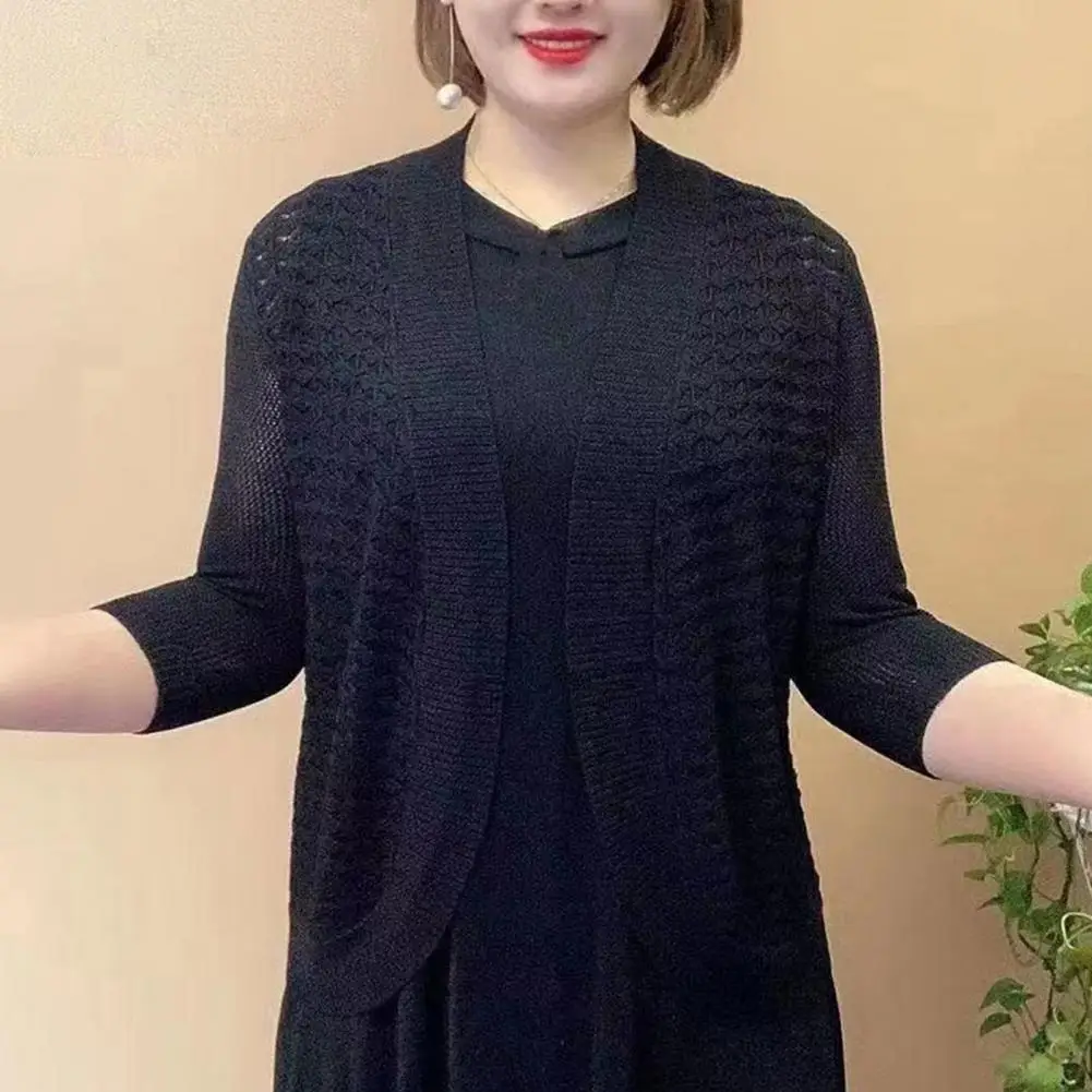 

Breathable Cardigan Elegant Summer Knit Cardigan Lightweight Long Sleeve Open Front Shawl for Middle-aged Sunscreen Coat