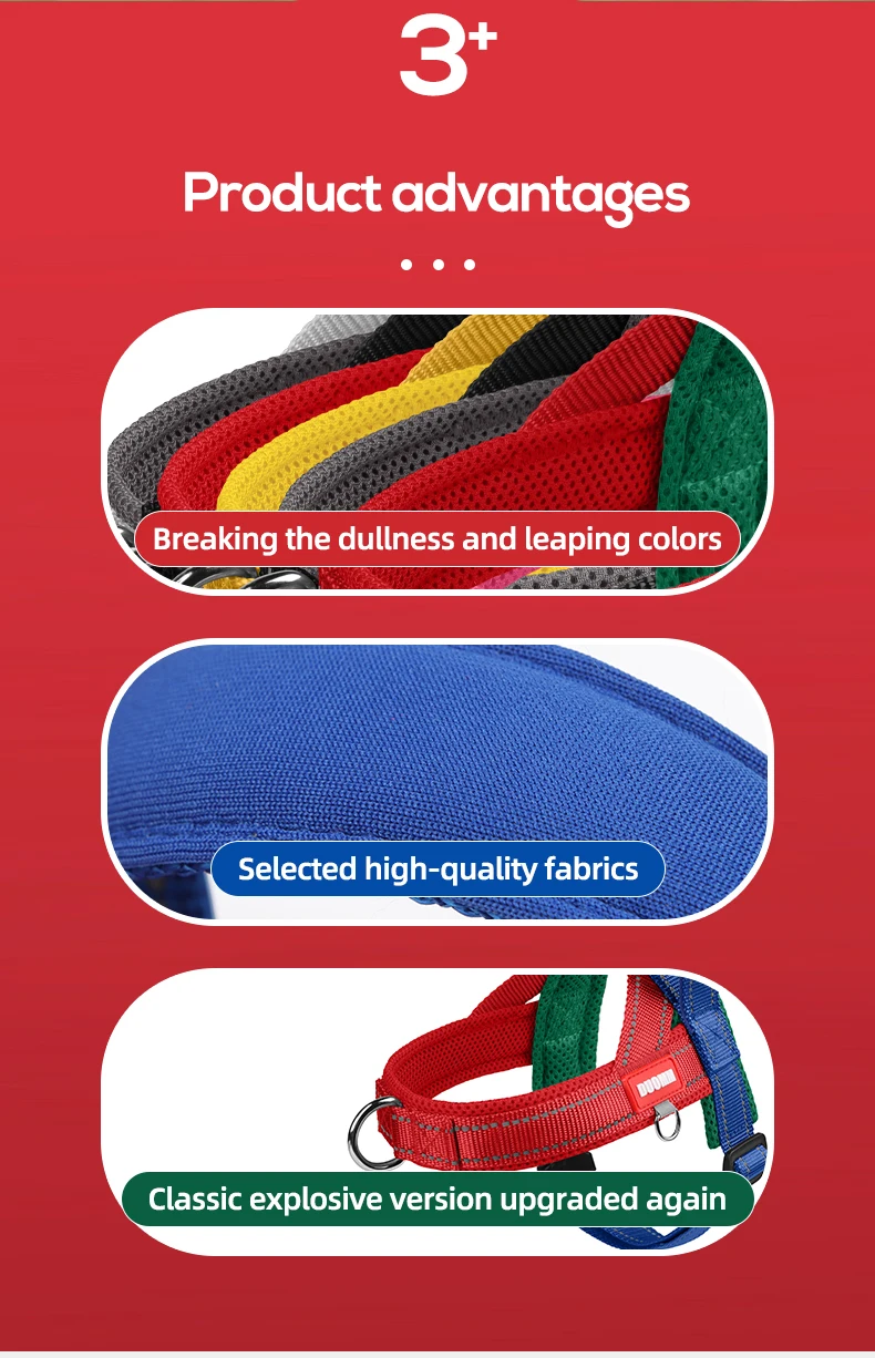 Peitoral canino SilkFlow em diferentes cores e ângulos de uso no corpo do pet