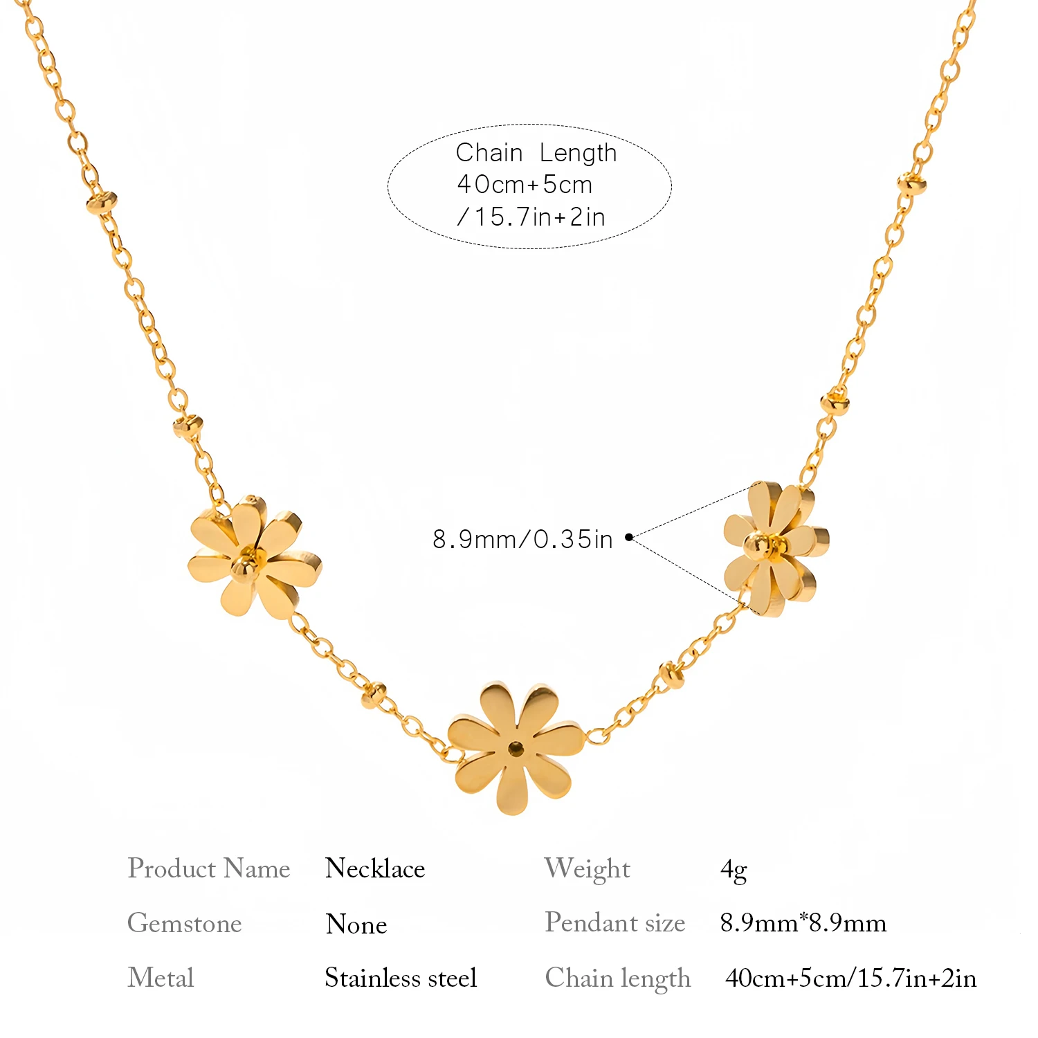 Collier en acier inoxydable doré, marguerites blanches | Ma'Lo Déco | Oloron Sainte Marie