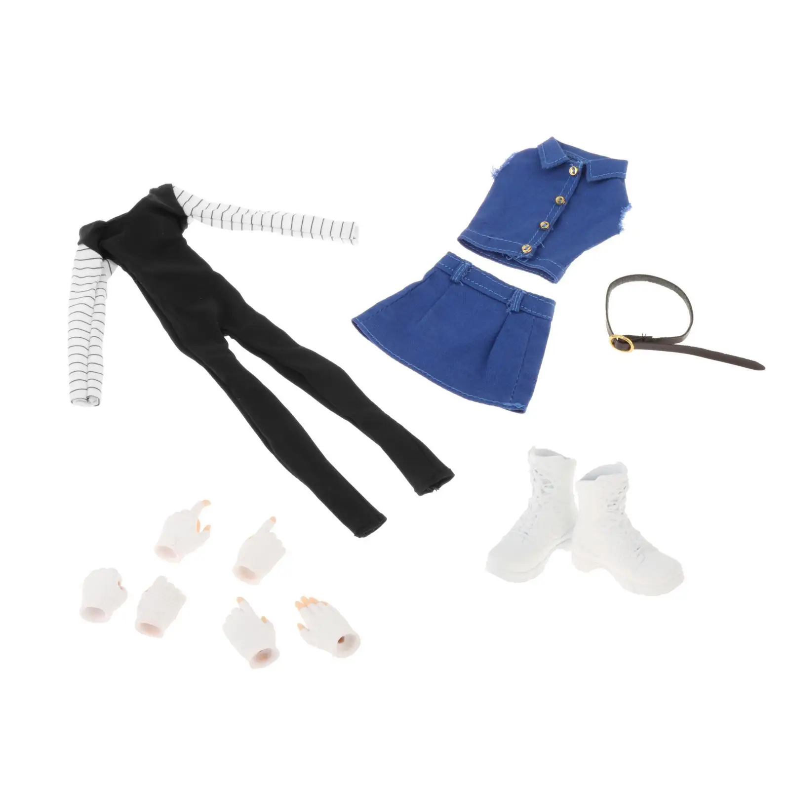 

Fashion 1/6 Jumpsuits Denim Top Skirt Set And Boots Shoes Belts for 12in
