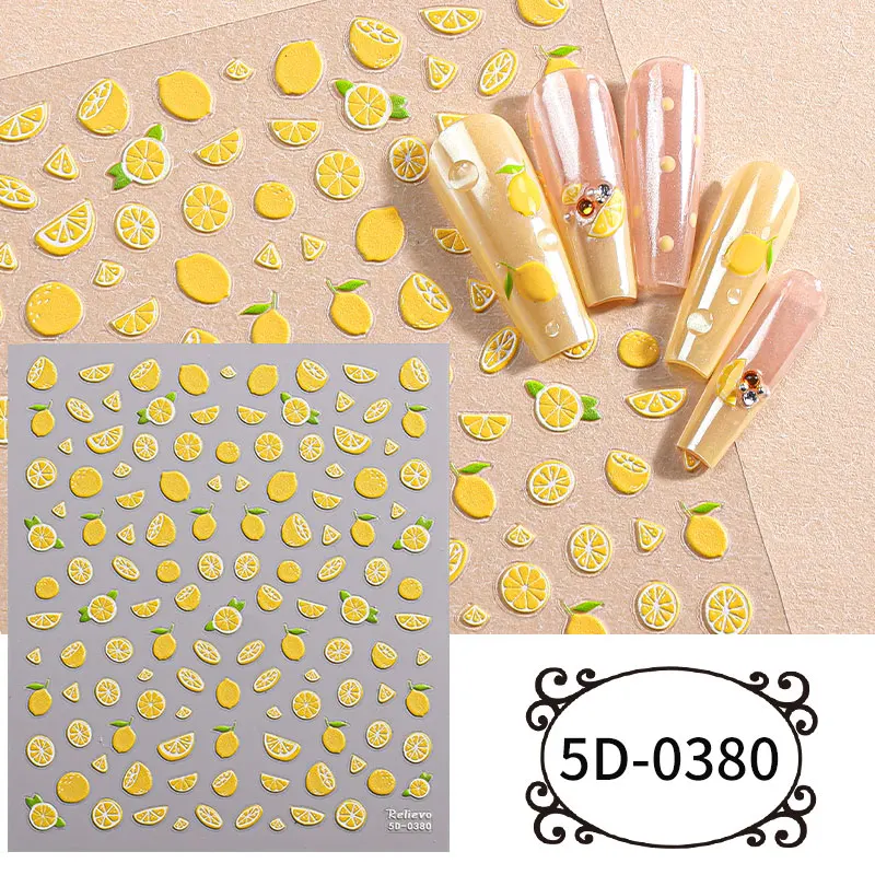 1PCS 5D 여름 레몬 네일 아트 스티커 엠보싱 과일 자체 접착 네일 데칼 소녀와 여성용 네일 DIY 매니큐어 장식