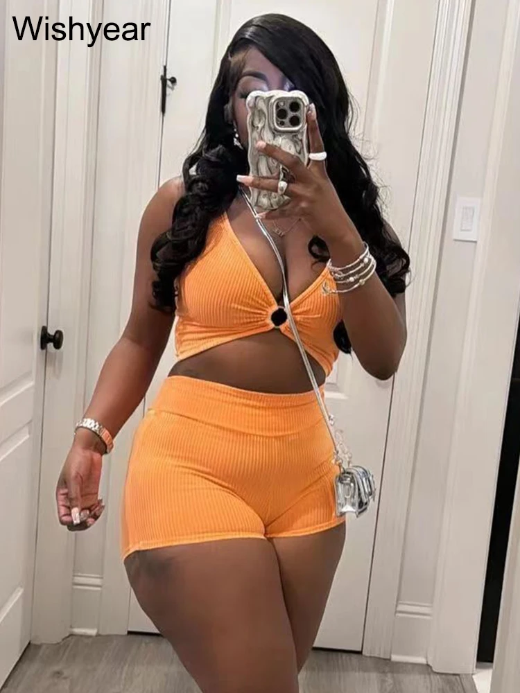 Sexy Beach Knitted Ribbed Orange Two 2 Pieces Sets Women Clothing Sleeveless Tank Tops and Shorts Summer Birthday Club Outfits