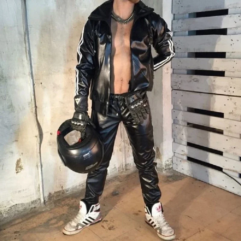 Men's PU Leather Jackets Hoodie Jogging Suit Motocross Jersey and Pants