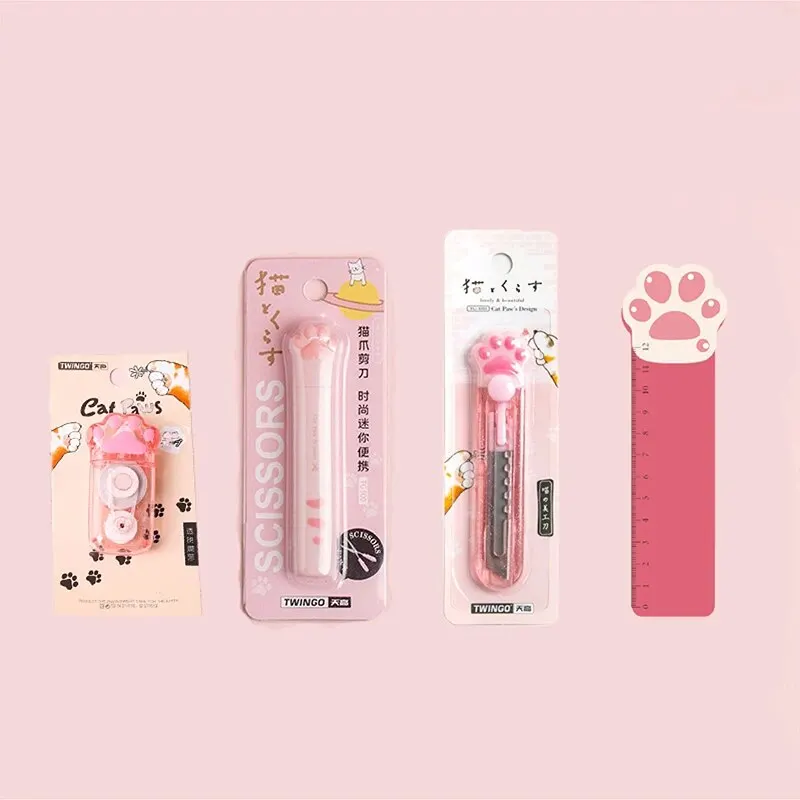 Correction Tape Scissors Utility Knife Ruler Cute Cat Paw Stationery Set Kawaii School Supplies for Cat Lovers 4 Pcs stationery set