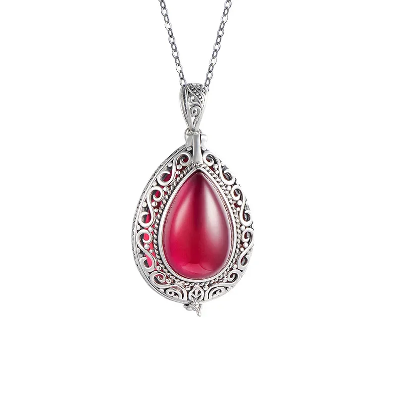 S925 sterling silver pendants for Women New Fashion waterdrop shaped red corundum gawu box hollow sachet jewelry