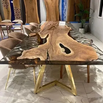 Piano da tavolo da pranzo in fiume con lastra in resina epossidica in legno massello di noce per ristorante o cucina 1